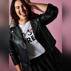 Torrid Betsey Johnson Black Faux Leather Leopard Trim Moto Jacket, BNWT, Size 2X